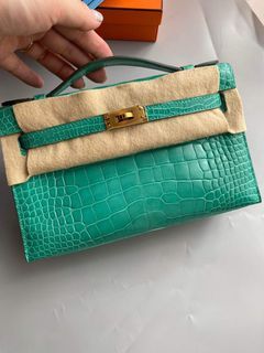 NEW HERMES VERT JADE GREEN MINI KELLY POCHETTE CROCODILE ALLIGATOR CLUTCH  BAG