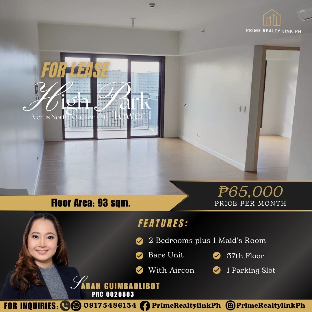 2BR Bare Unit for Rent in High Park Tower 1, Vertis North, Quezon City