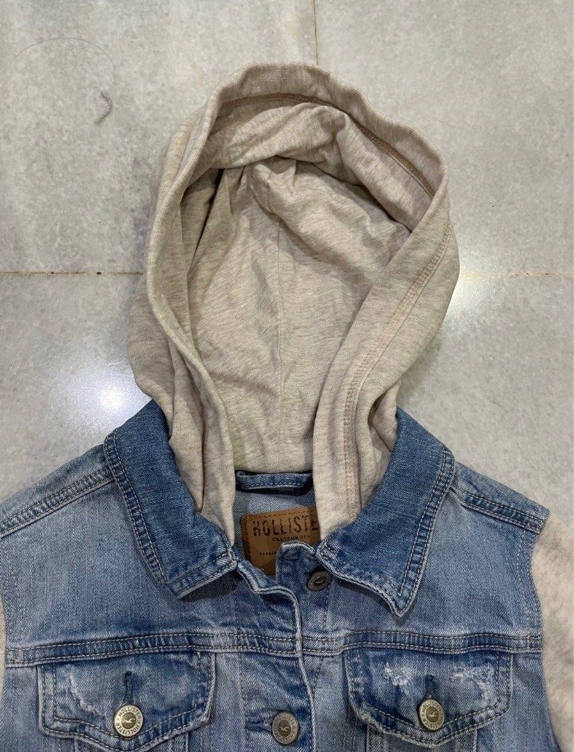 Hollister Blue Jean Denim Jacket Mens Small Epic Flex Hoodie Gray Hood  Sleeves | eBay