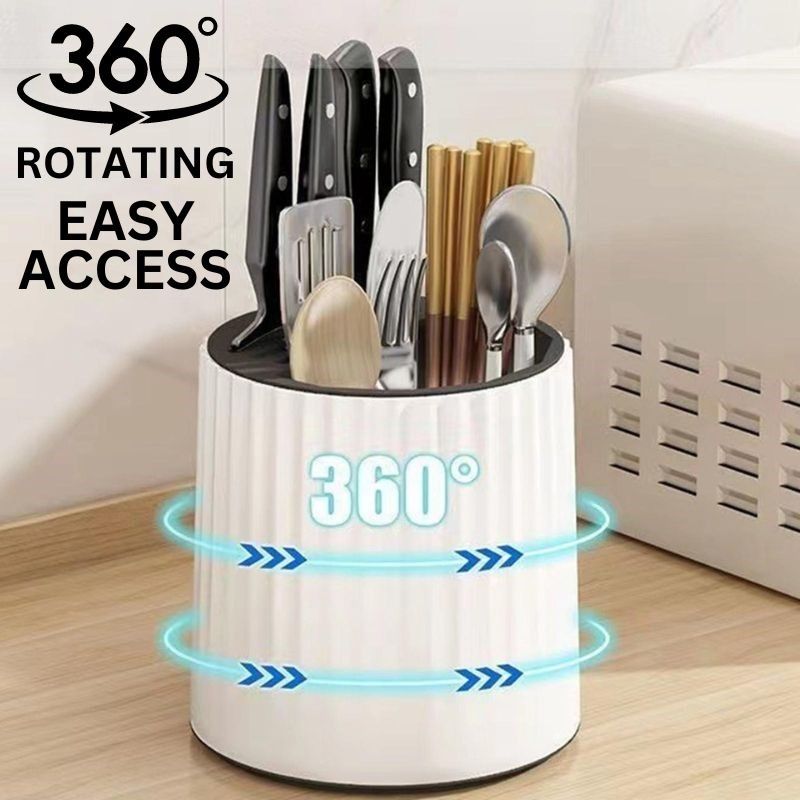 1pc Kitchen Utensil Storage Rack With Rotatable Knife Holder,  Multifunctional Chopstick & Spoon Cylinder, Cream-colored