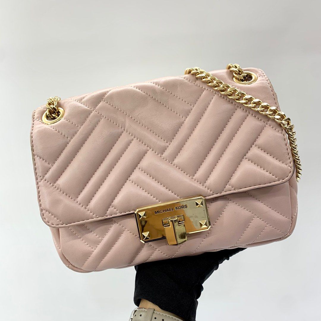 MICHAEL KORS PEYTON MEDIUM GOLD BLOSSOM LEATHER CHAIN SHOULDER BAG
