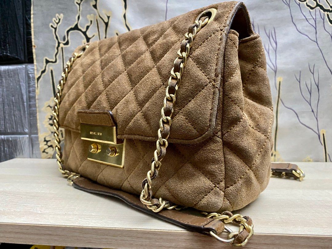 Michael Kors Sloan Suede Handbag Brown Camel Quilt Gold Chain