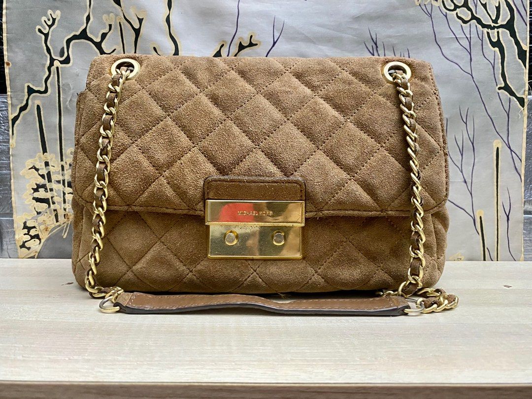 Michael Kors Sloan Suede Handbag Brown Camel Quilt Gold Chain