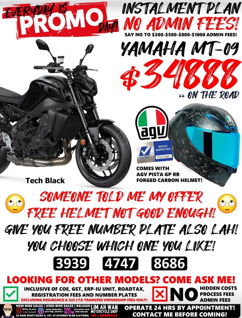 NEW YAMAHA MT09 WITH AGV PISTA GP RR FUTURO HELMET NUMBER PLATE