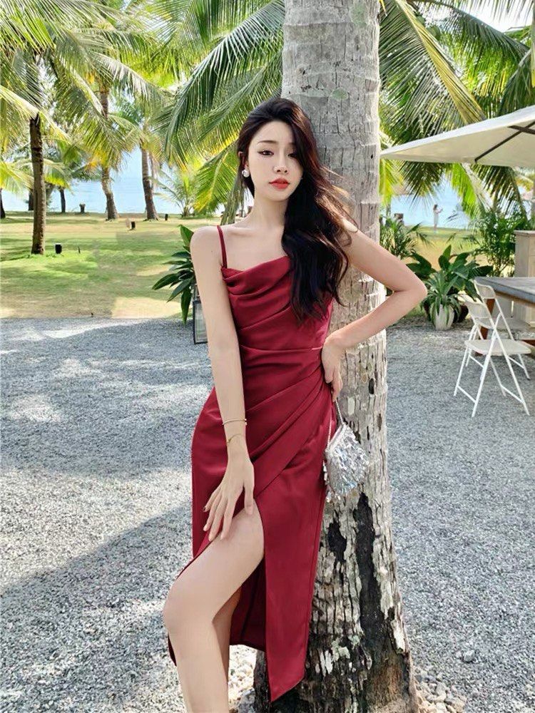 PO red pink black white cowl neck Runched dress evening prom date