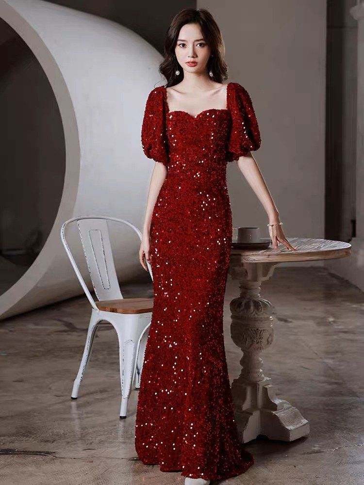 PO red sparkly dress with poofy sleeves floor length formal prom awards shimmery special events Women s Fashion Dresses Sets Evening dresses gowns on Carousell