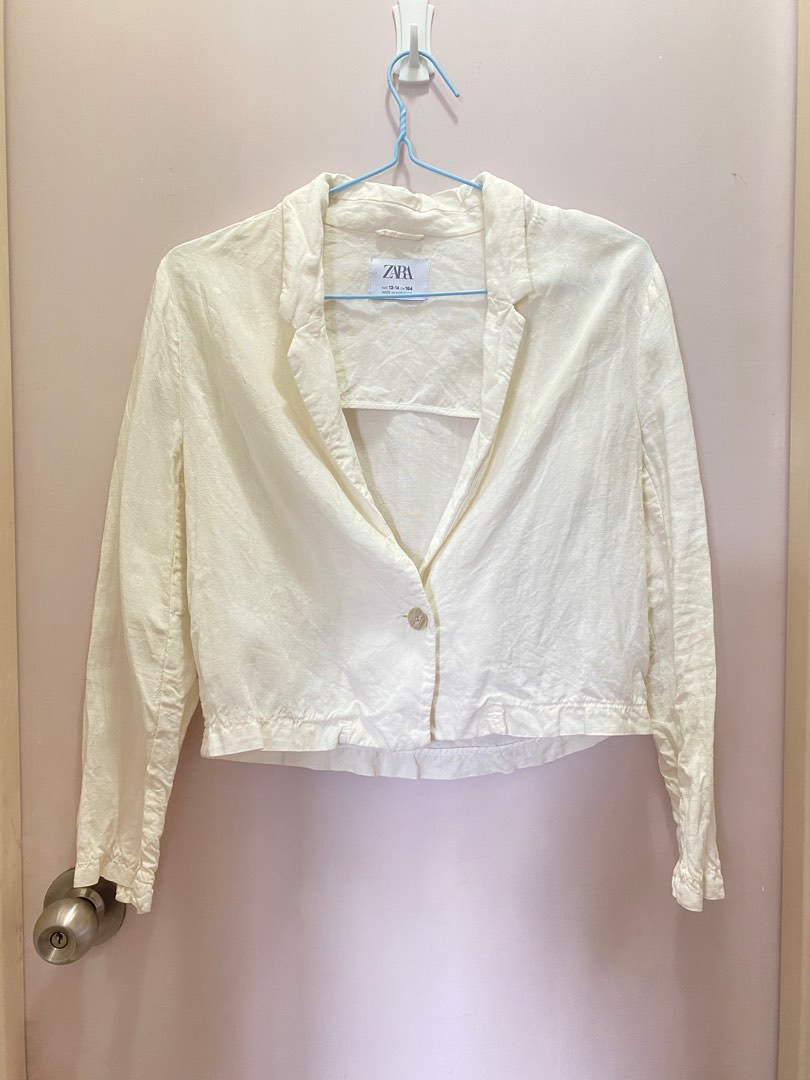 (包SF locker / SF shop pick up) Zara kids 白色短身亞麻外套, 女裝, 外套及戶外衣服 Carousell