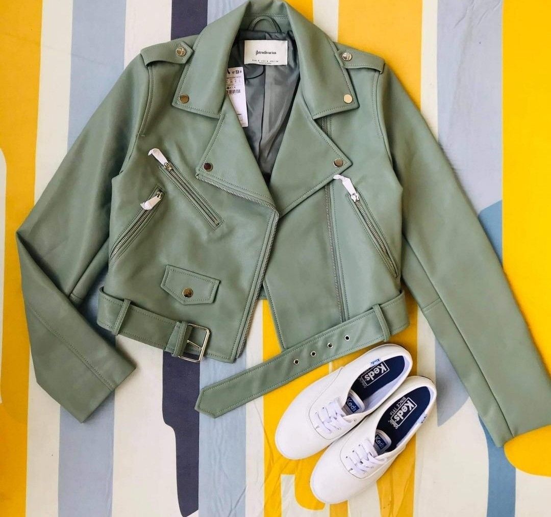 Stradivarius Leather Biker Jacket (Category: Coats, Jackets and Outerwear) located in Baguio. Submitted by Choosehere22 (Listing ID 1264755809, Image 2). Description: super ganda neto worn once naalis ko na yong white paper sa kanya g zip pero ang ganda small-med.