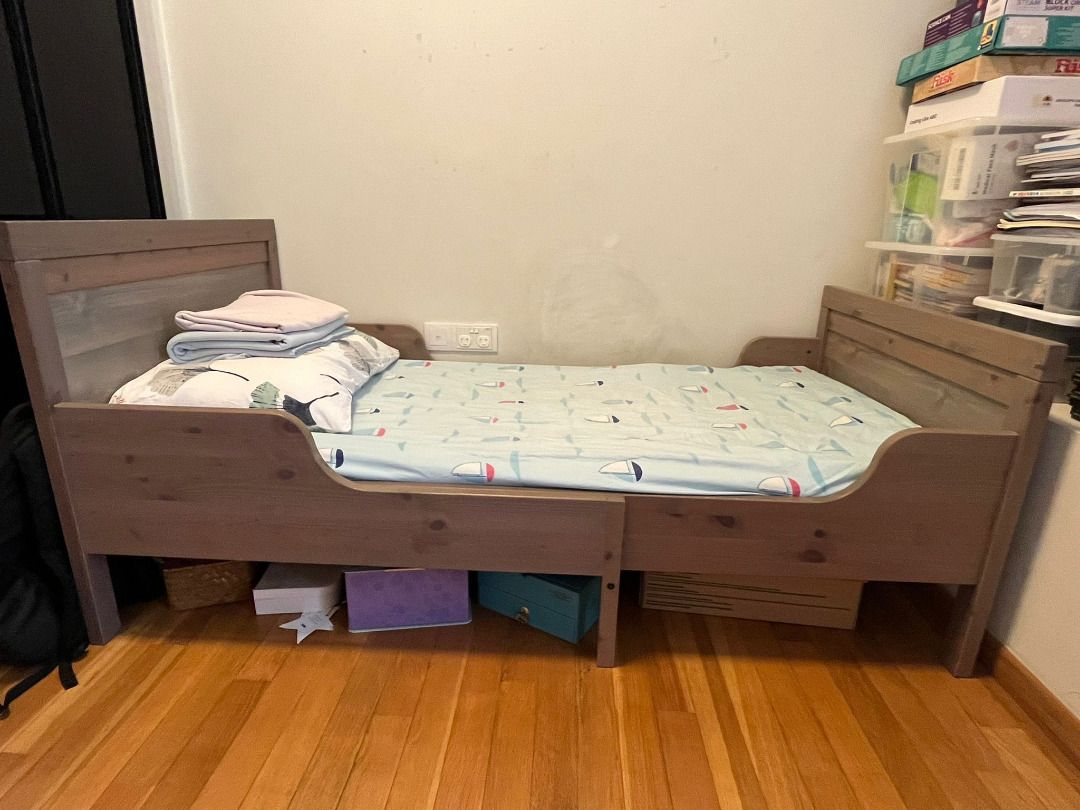 SUNDVIK Ext bed frame with slatted bed base, wood colour, Furniture