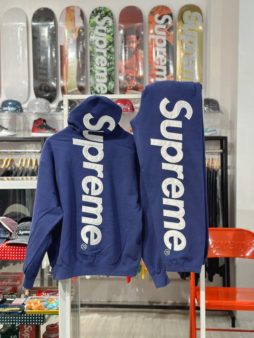 Supreme Satin Appliqué Navy Hoodie & Sweatpants, Men's Fashion