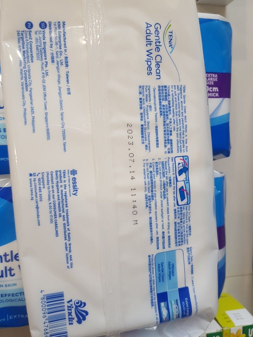 Tena gentle clean adult wipes $12 for 5pkt (Category: Medical Supplies & Tools) located in Singapore. Submitted by leesiewyee21542 (Listing ID 1264700402, Image 2). Description: $12 for 5 pkt.