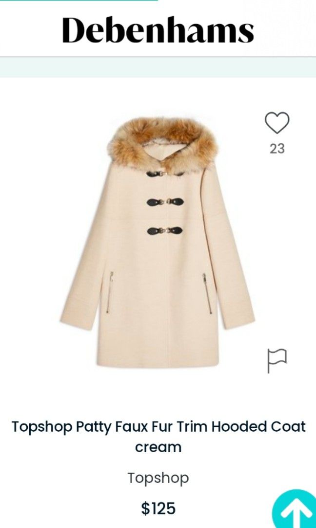 Topshop Camel hood coat (Category: Coats, Jackets and Outerwear) located in Malabon City. Submitted by luckyfive (Listing ID 1264749751, Image 3). Description: Topshop Camel Patty Toggle Coat faux fur trim hood, like new Labelled UK 6, Fits S-M pit to pit-18 inches shoulder to shoulder-15 sleeves lenght- 24 back neck to hem- 31 more items listed everyday discount on multiple purchase follow me and get extra 5% discount, 10% to repeat customer.