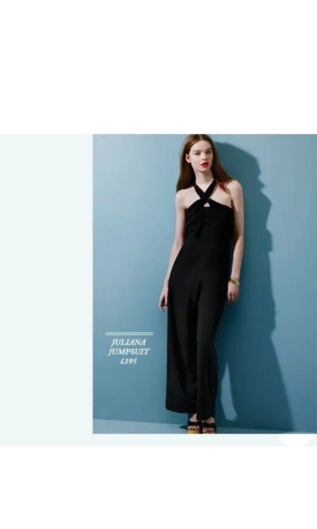 Whistles navy blue jumpsuit (Category: Jumpsuits) located in Malabon City. Submitted by luckyfive (Listing ID 1264675388, Image 1). Description: Whistles navy blue halter jumpsuit gold ring details on strap wide leg, 2 side pocket UK designer brand, high quality, structured, fake back pocket bust boning, concealed zip back pit to pit, 18 inches waist-14 lenght,side pit to hem- 51 Retails for almost 200pounds like new, fits M more items listed eve