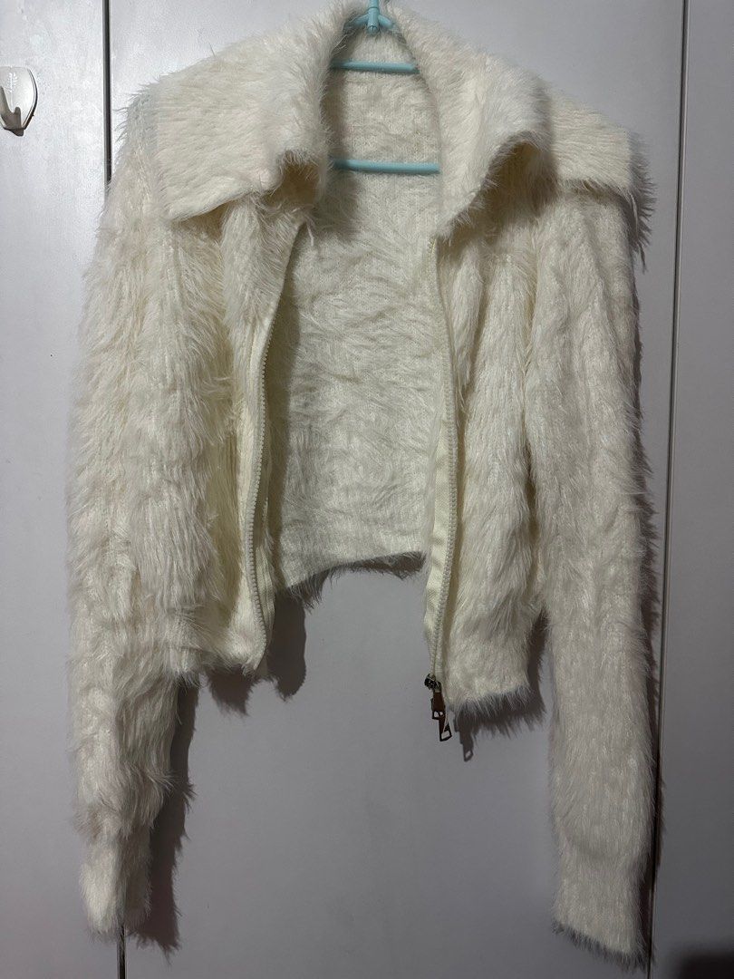 white furry fluffy zip up jacket Women s Fashion Coats Jackets