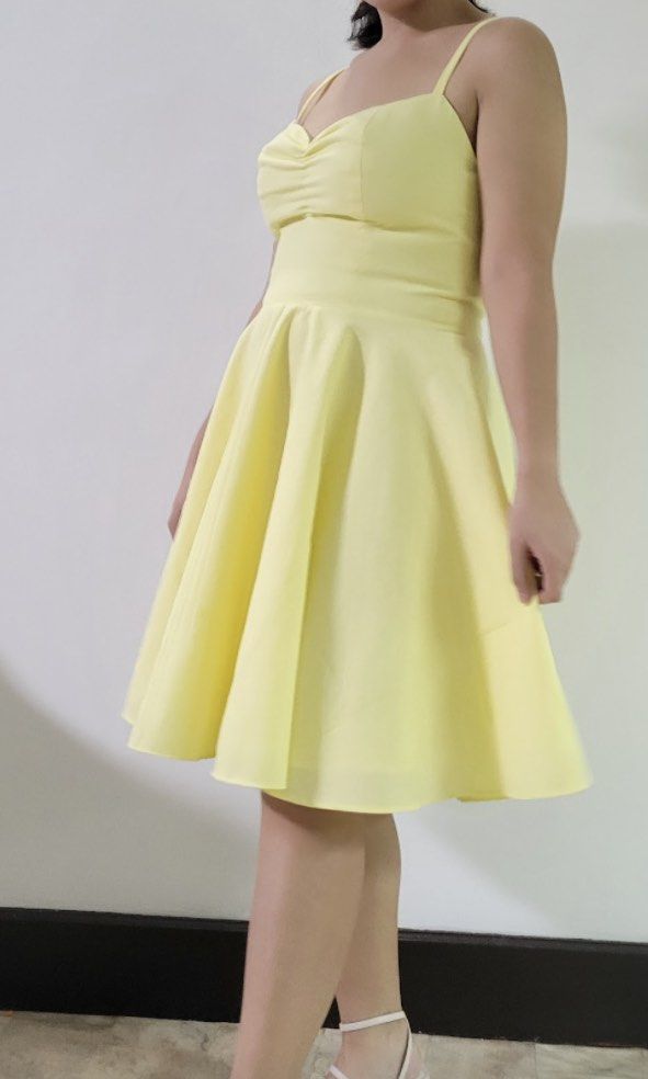 Yellow Linen Blend A-line Dress (Category: Dresses) located in San Juan City. Submitted by mofusand_ (Listing ID 1264632160, Image 2). Description: Brand new linen dress Bustier top with boning Ruched chest With lining Bust -36 Waist- 31.