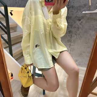 好質感-100%棉下角刺繡寬鬆人棉襯衫-黃