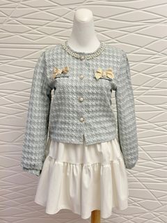 正韓套裝 藍綠色小香風上衣/米白色皮褲裙