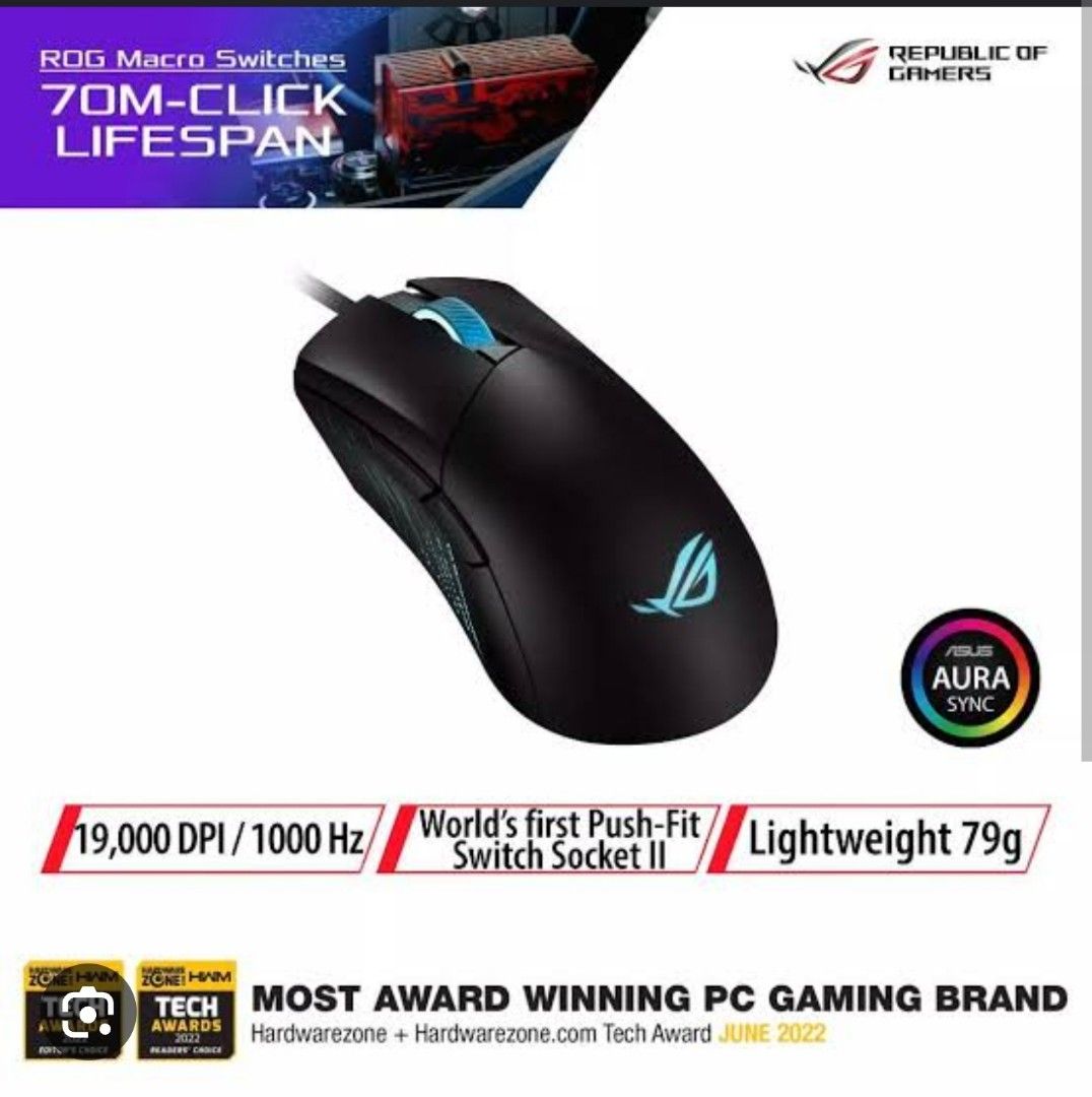 Asus ROG Gladius III (wired RGB) (Category: Mouse & Mousepads) located in San Antonio. Submitted by anythinggoes888 (Listing ID 1268826911, Image 1). Description: -brand new -RFS: extra unit -19k to 26k DPI with only 1% deviation. -1000hz polling rate -Aura RGB lighting -5 profile memory -6 programmable buttons -RED DOT DESIGN AWARD 2021.