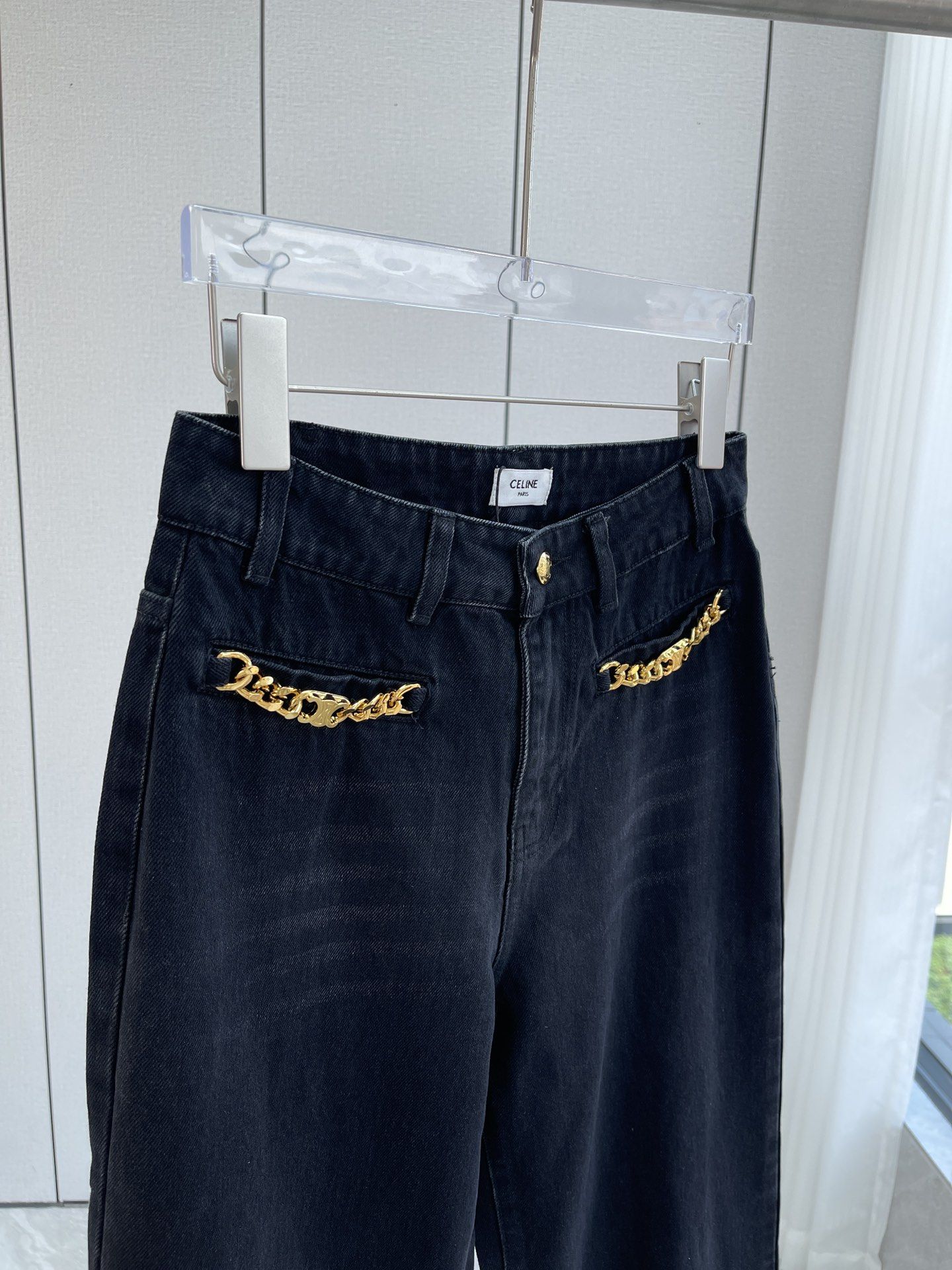 Authentic celine Women s Chain Gold Buckle High Waist Casual Black Wide Leg Jeans