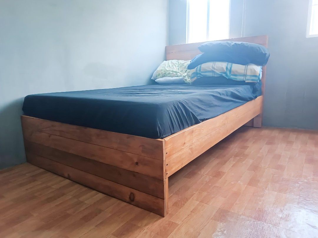 BED FRAME FLOATING STYLE WITH LEGS (Category: Bed Frames & Mattresses) located in General Trias. Submitted by jameswoodlike (Listing ID 1268809874, Image 1). Description: "A timeless piece of furniture indeed" 😌 ✨Take time and look at this✨ Wooden bedframe in Mahogany Stain Finish ✅ Double Sized / Semi Double size ✅ 48x75 SOLD and INSTALLED 🚚😁 ✅ Made of Canadian Pine Solid Wood Thank you Sir Jayvee for choosing James WoodLike Furniture Shop #J