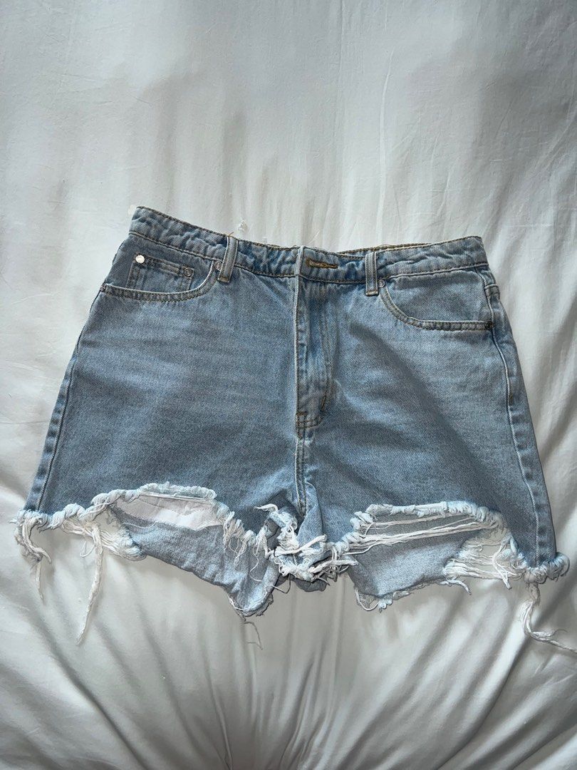 Blue light wash extreme ripped hem high waist denim shorts best sale