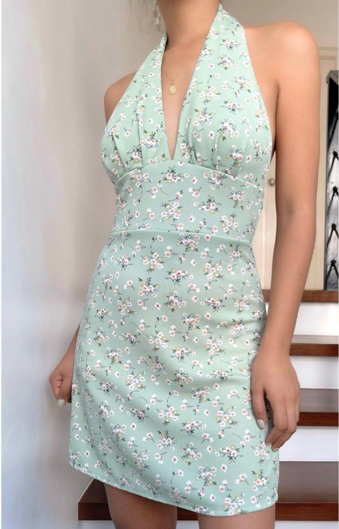 Deep V Halter Dress (Floral Sage) (Category: Dresses) located in Taytay. Submitted by decluttering_ce (Listing ID 1268723191, Image 1). Description: .