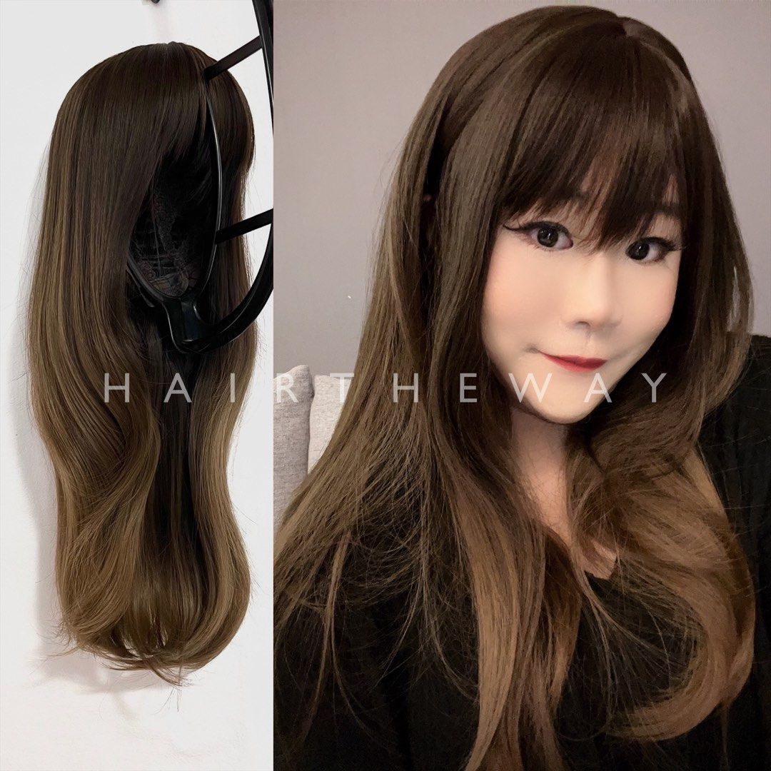 ELLA Dark Brown Wig Gradient Ombre Natural Bangs Fringe C Curl