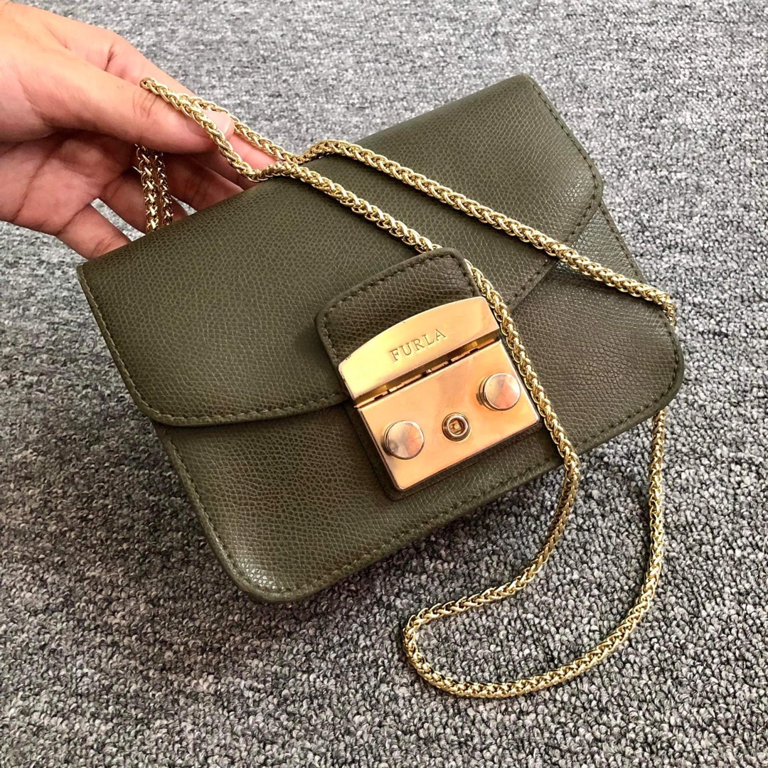 FURLA CHAIN BAG IN FULL LEATHER GREEN AUTHENTIC MADE IN ITALY H 6.5
