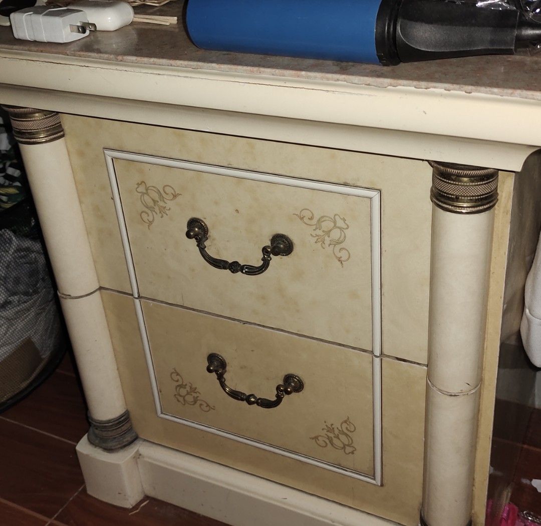 Furniture side table vintage old marble white restore bed table drawer, Hobbies & Toys