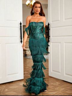 Green Off Shoulder Fringe Trim Sequin Mermaid Hem Formal Dress