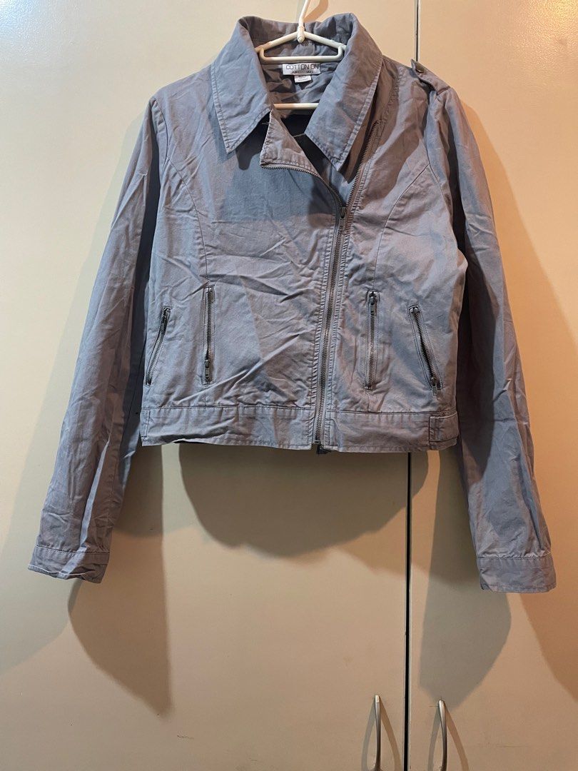 Grey Biker Jacket (Category: Coats, Jackets and Outerwear) located in Marikina City. Submitted by micharon (Listing ID 1268840889, Image 1). Description: In well used condition, see pics for flaw Cotton on L on tag, fits M-L.