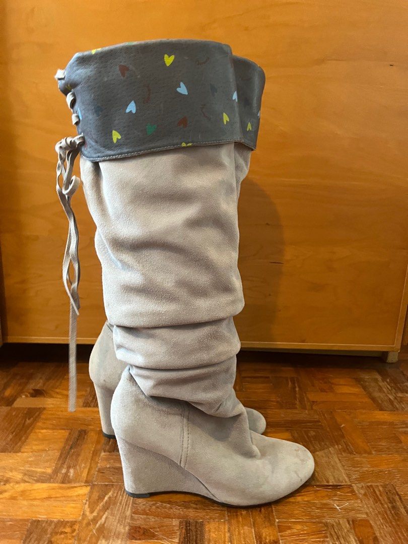 Grey wedge knee high boots hot sale