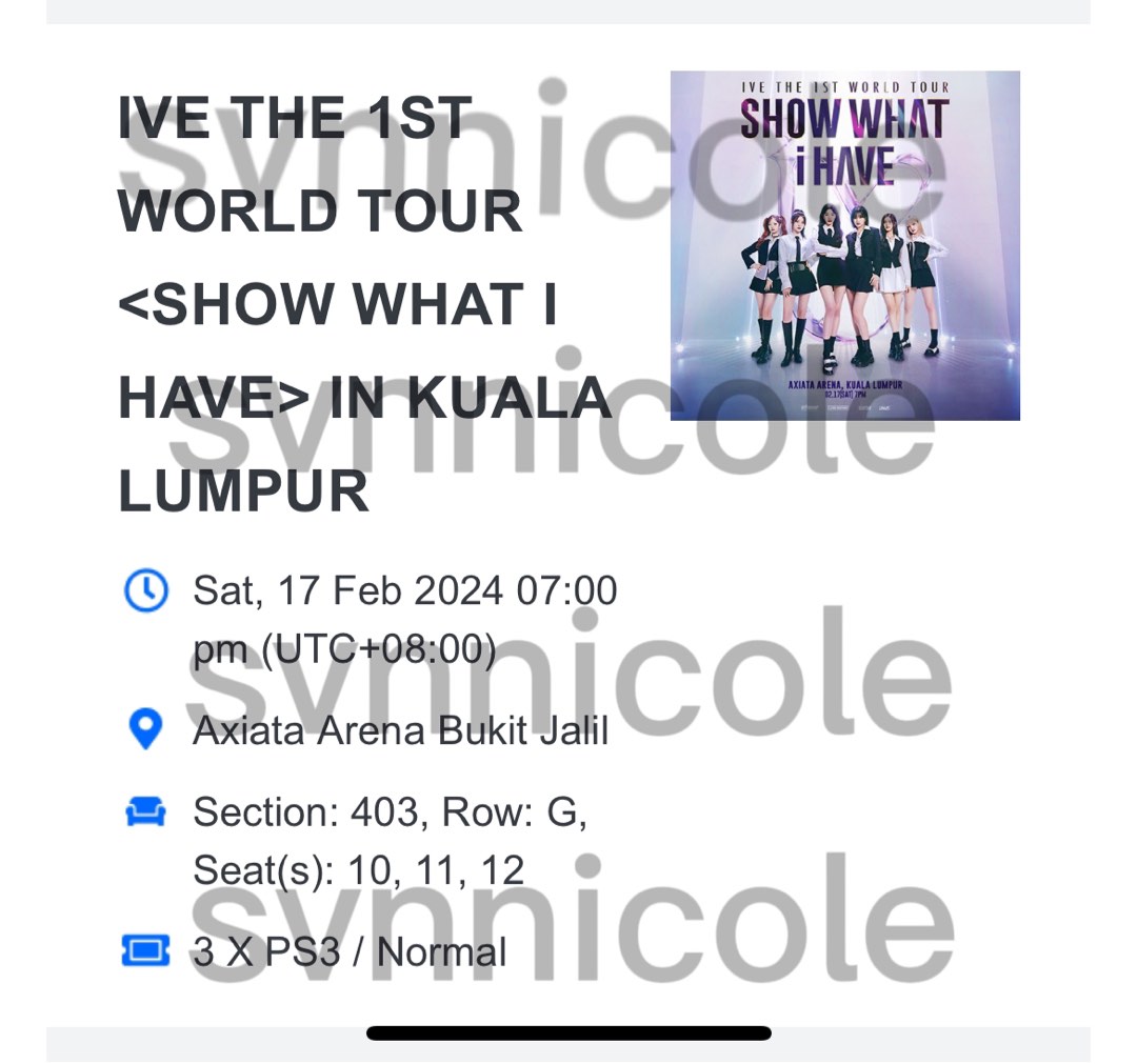 Ive 2024 Malaysia concert PS3 403 row G, Tickets & Vouchers, Event