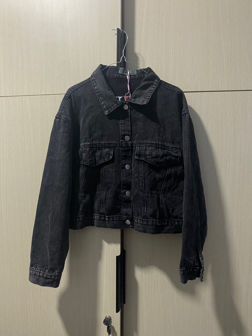 Jaket Jeans crop denim jrep new oversized, Fesyen Wanita, Pakaian