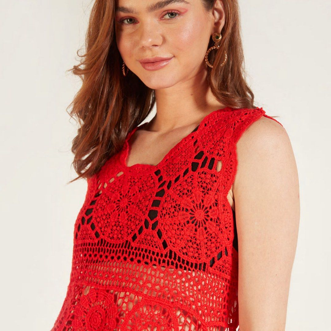 Red lace swimsuit cover up, Women's Fashion, Swimwear, Bikinis