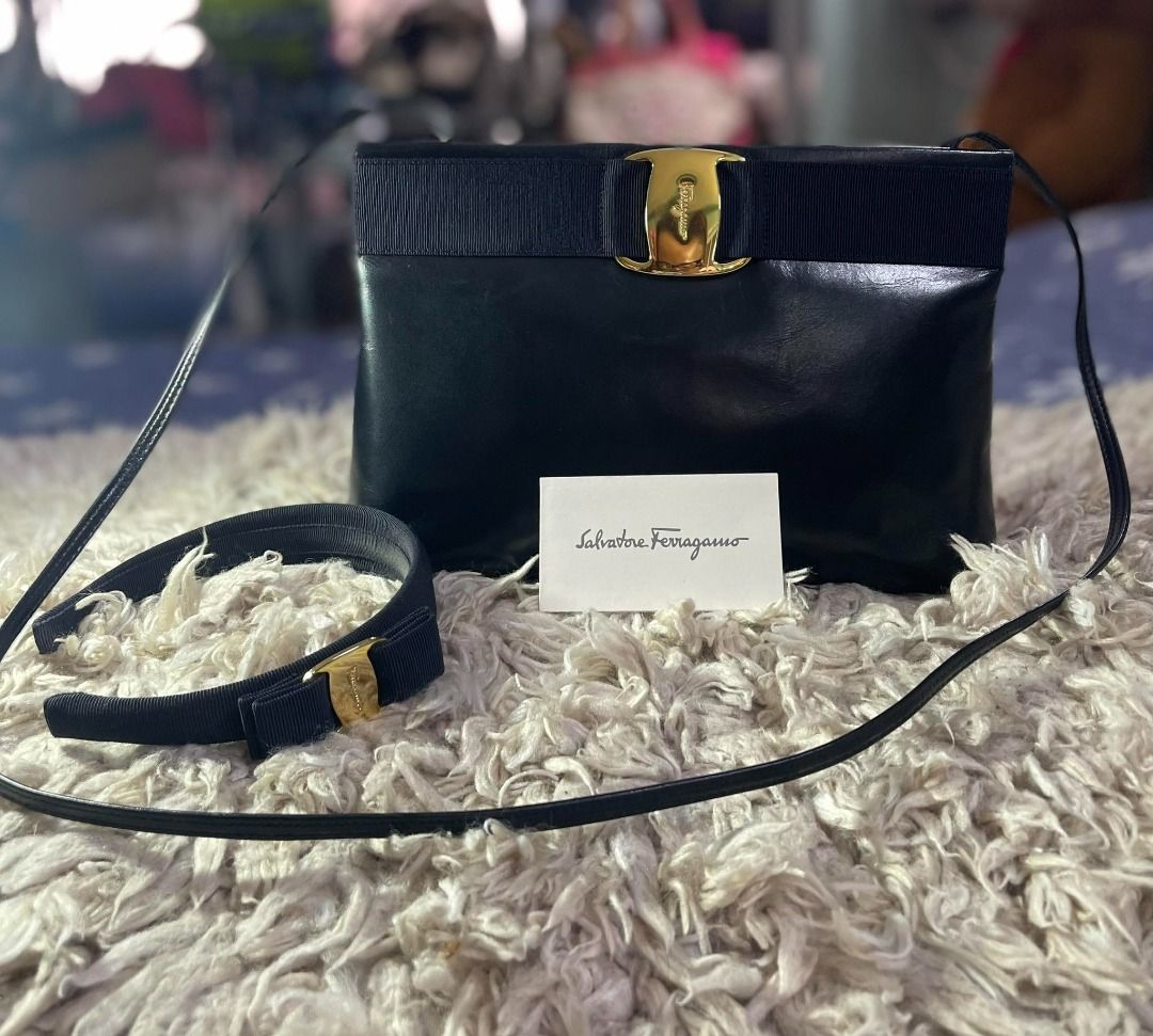 EXTENDED HOLIDAY SALE Salvatore Ferragamo Shoulder Bag Rose Ribbon Leather Black authentic from Japan head band not included sold