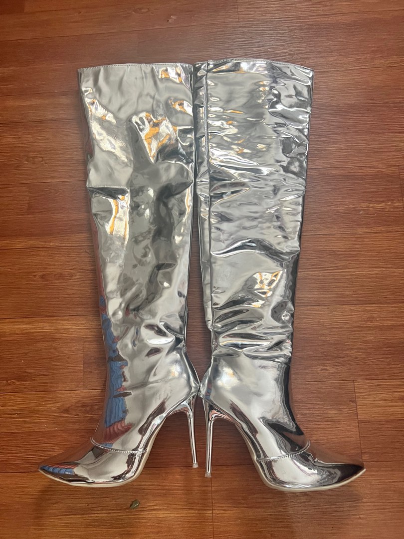 Silver Thigh High Boots, Men's Fashion, Footwear, Boots on Carousell