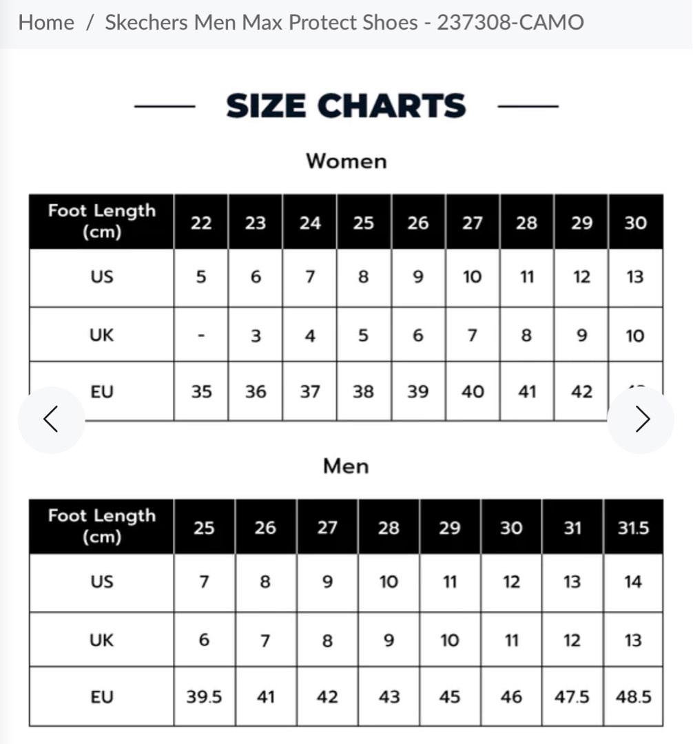 Skechers mens 2025 shoes size chart