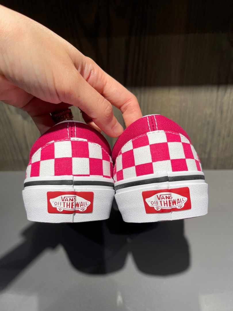 Cherry checkerboard slip on store vans