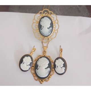 Victorian Cameo Black White Lady Earrings Ring and Necklace Jewelry Set