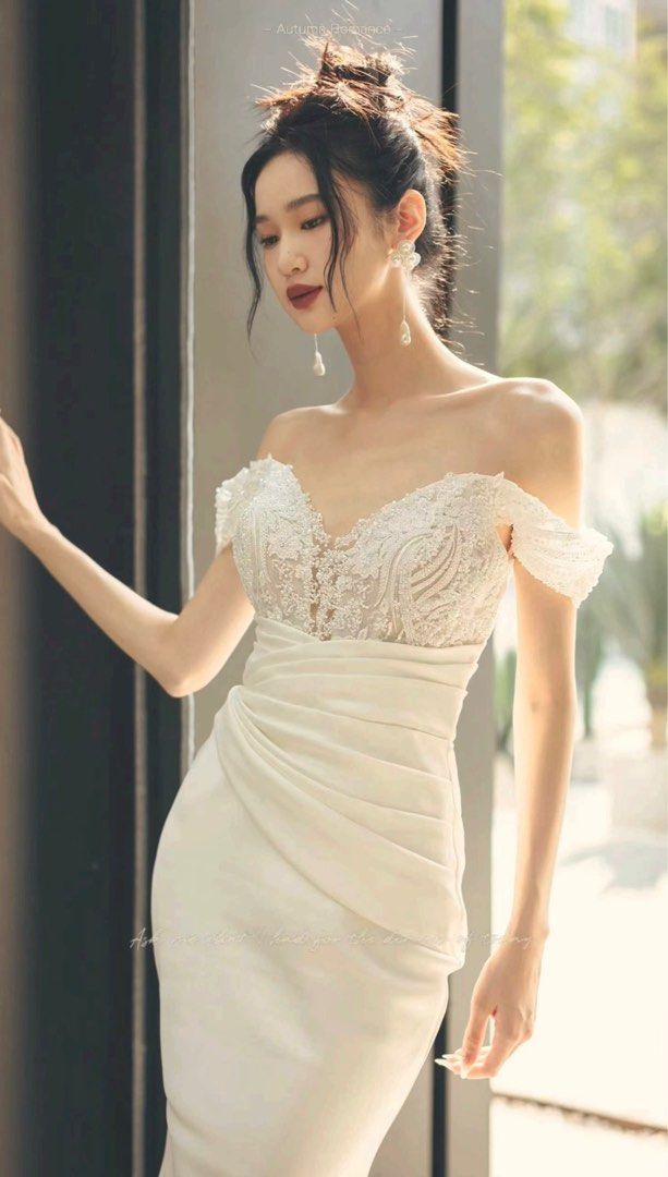White Lace and Satin Mermaid Bridal Gown WT1108 Women s Fashion