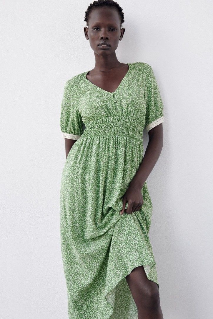 Green floral midi dress zara on sale