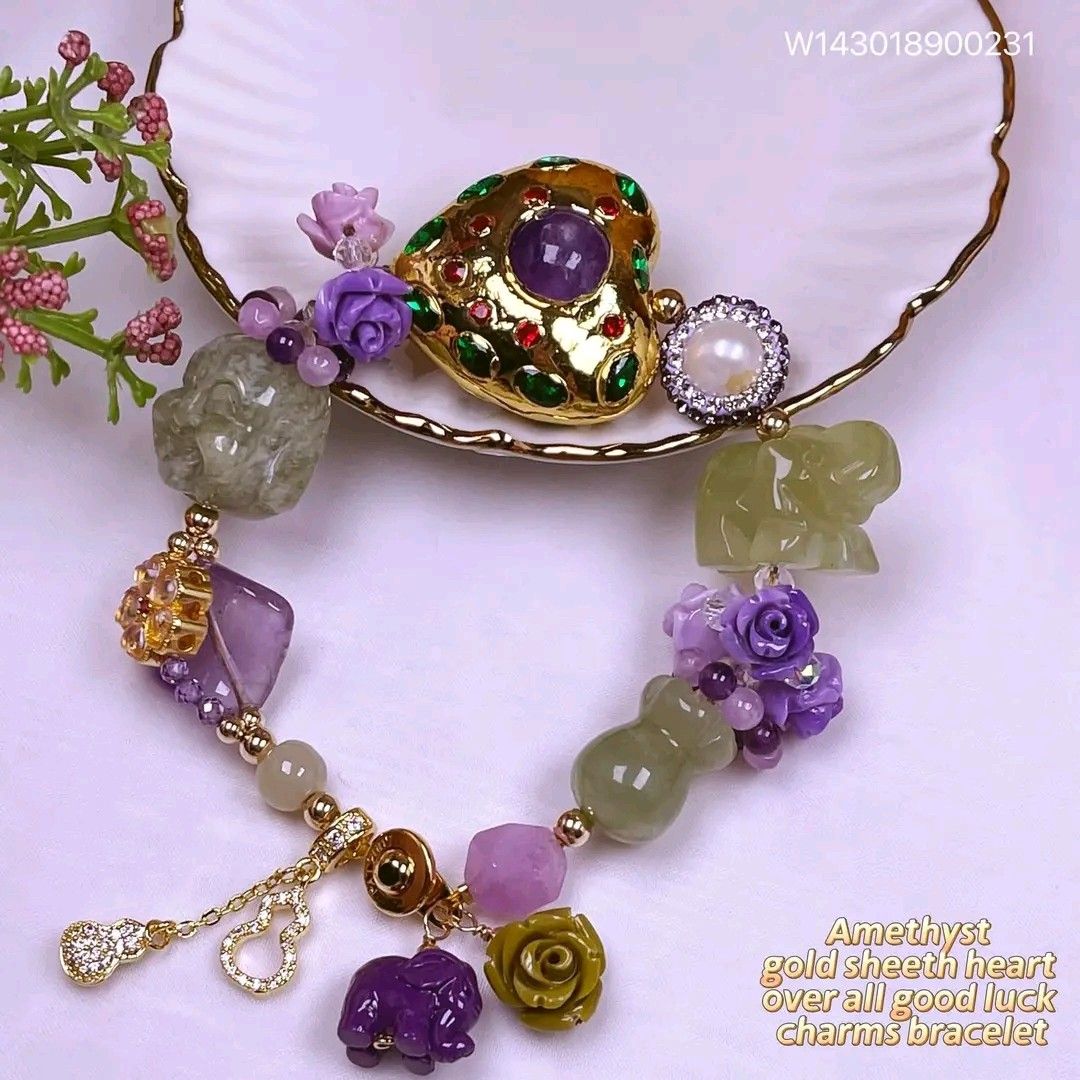 Amethyst gold sheeth heart bracelet (Category: Bracelets) located in Manila. Submitted by delynonlineshopping_ (Listing ID 1270567942, Image 2). Description: New new new 💥💥💥 🌈amethyst gold sheeth heart over all good luck charms bracelet🌈 ✅quality: amethyst,hetian jade,emerald, water pearl ,us 10k gold filled balls, thailand gold high quality gold sheeth, ✅size: 👉bracelet: 7.5inches(regular size) 👉🏻heart amethyst gold sheeth: 30mm 👉stone: