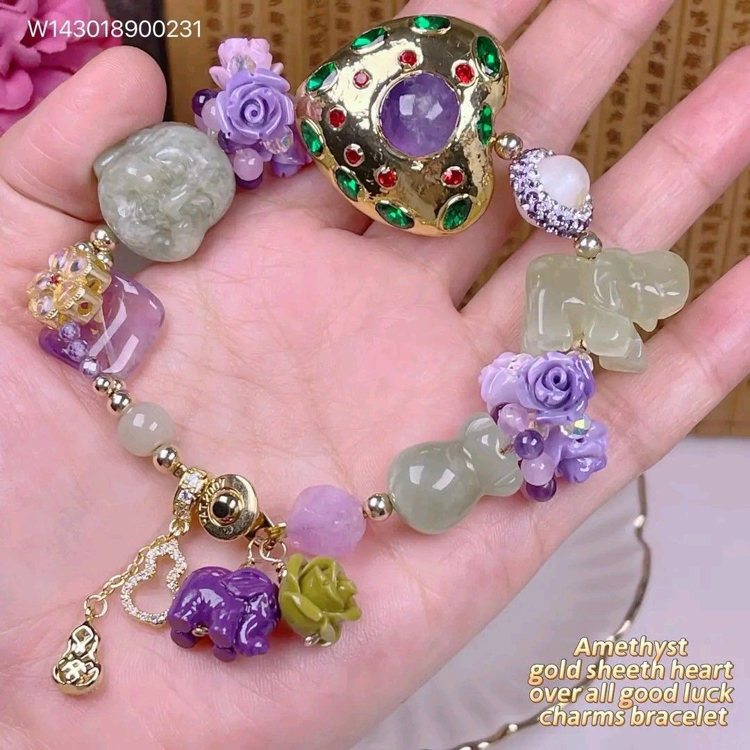 Amethyst gold sheeth heart bracelet (Category: Bracelets) located in Manila. Submitted by delynonlineshopping_ (Listing ID 1270567942, Image 1). Description: New new new 💥💥💥 🌈amethyst gold sheeth heart over all good luck charms bracelet🌈 ✅quality: amethyst,hetian jade,emerald, water pearl ,us 10k gold filled balls, thailand gold high quality gold sheeth, ✅size: 👉bracelet: 7.5inches(regular size) 👉🏻heart amethyst gold sheeth: 30mm 👉stone: