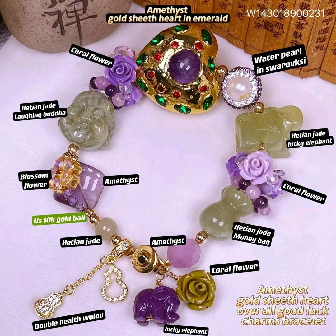 Amethyst gold sheeth heart bracelet (Category: Bracelets) located in Manila. Submitted by delynonlineshopping_ (Listing ID 1270567942, Image 3). Description: New new new 💥💥💥 🌈amethyst gold sheeth heart over all good luck charms bracelet🌈 ✅quality: amethyst,hetian jade,emerald, water pearl ,us 10k gold filled balls, thailand gold high quality gold sheeth, ✅size: 👉bracelet: 7.5inches(regular size) 👉🏻heart amethyst gold sheeth: 30mm 👉stone: