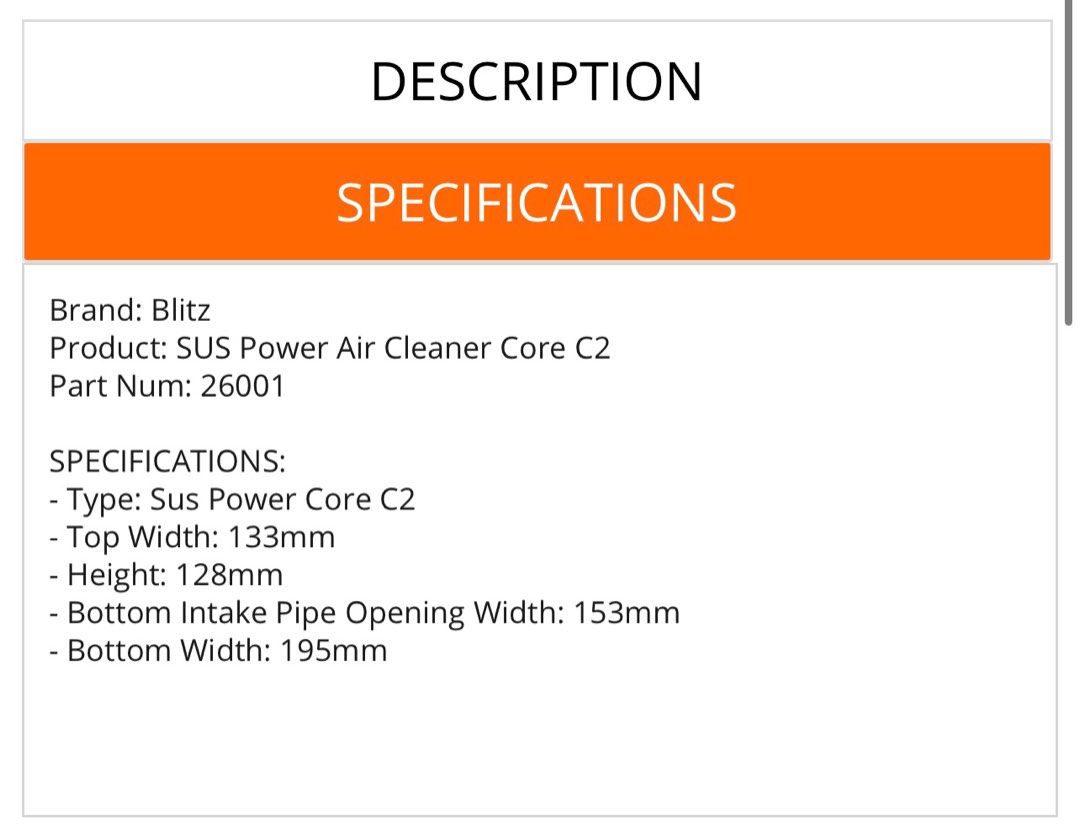 Blitz SUS Power Air Cleaner Core C2 Air Filter
