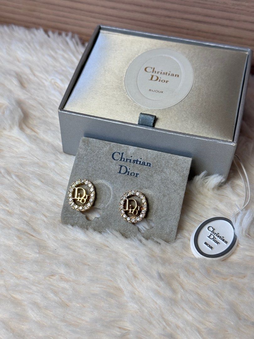 Christian Dior Vintage Round Crystal Logo Clip On Earrings