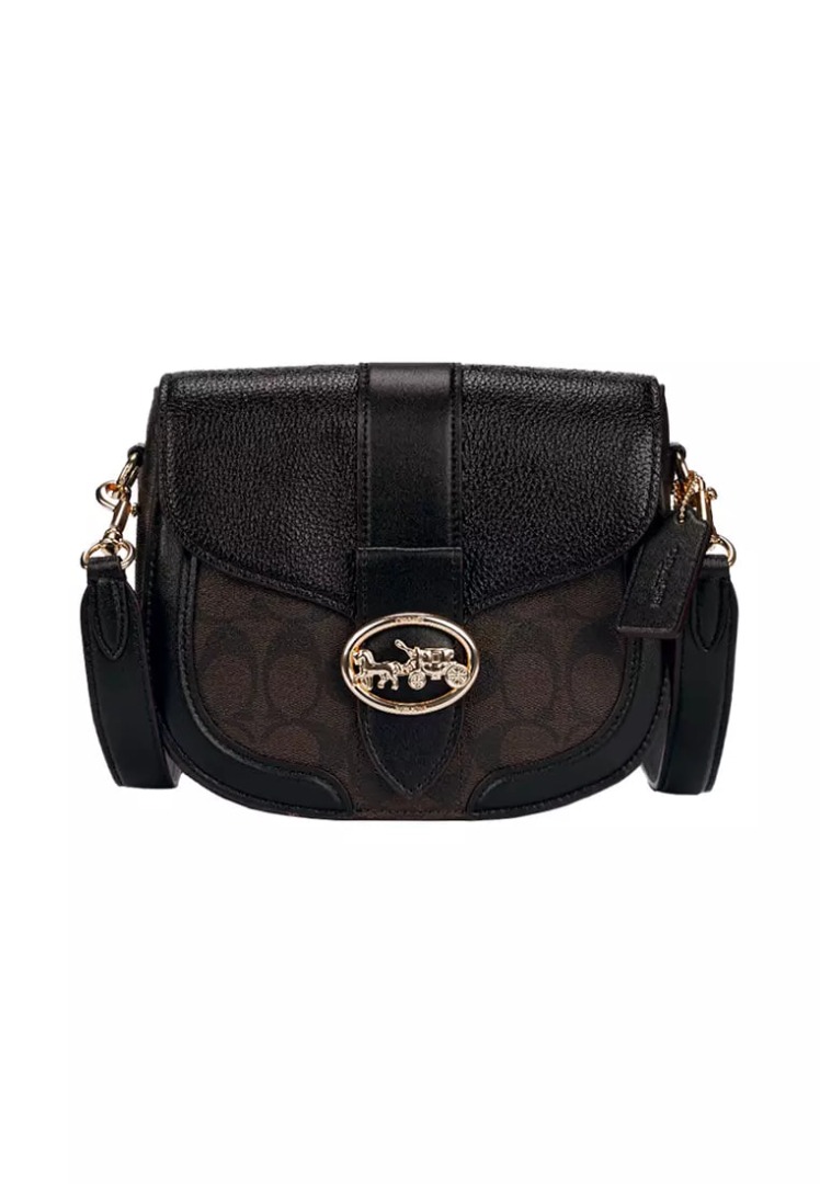 Coach Saddle Sling Bag in Black with Brown Signature Canvas