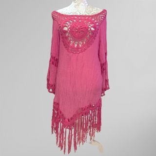 (M) Cover Up Pink Rose Red Spring Summer Beach Resort Bikini Blouse Fringed Boho Dress