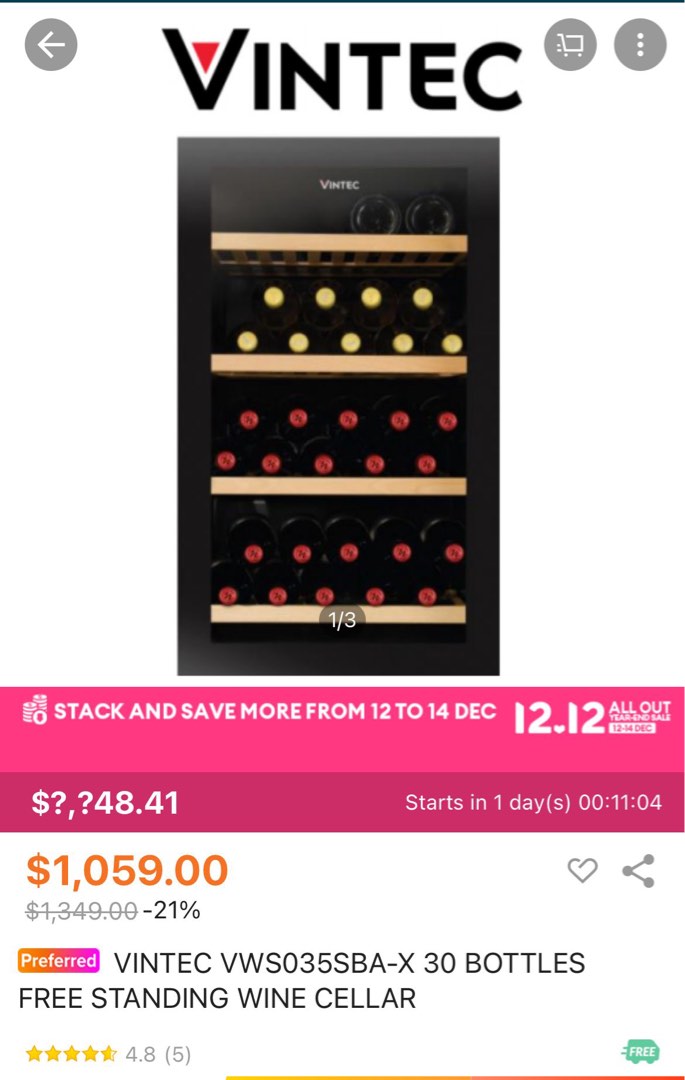 Electrolux Vintec 30 Bottles Free Standing Wine Cellar Chiller Fridge